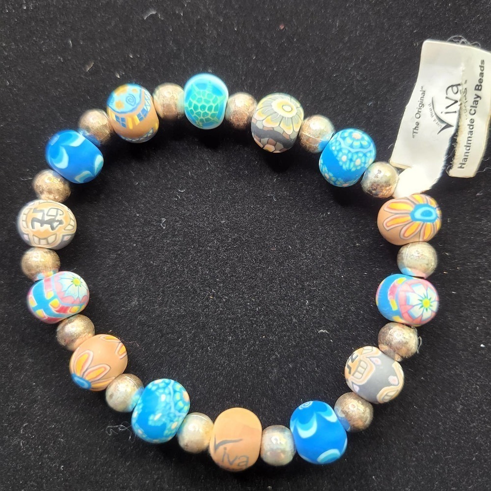 Viva Handmade Clay Beads Beaded Bracelet on Elastic Multicolor With Tags